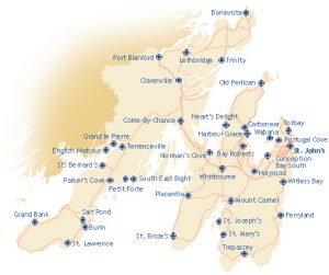 map of Newfoundland showing health-care locations